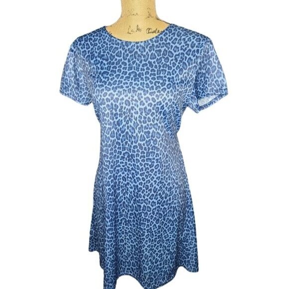 Vintage 90s Y2K Blue Leopard Edgy Punk Tie Waist Mini Dress - Picture 1 of 12
